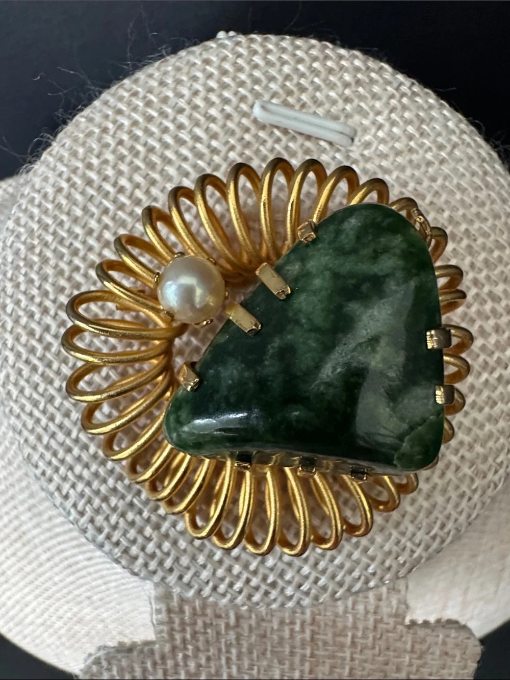 VTG Modernist Gold Tone Brooch with Jade Stone and Faux Pearl Kramer Era